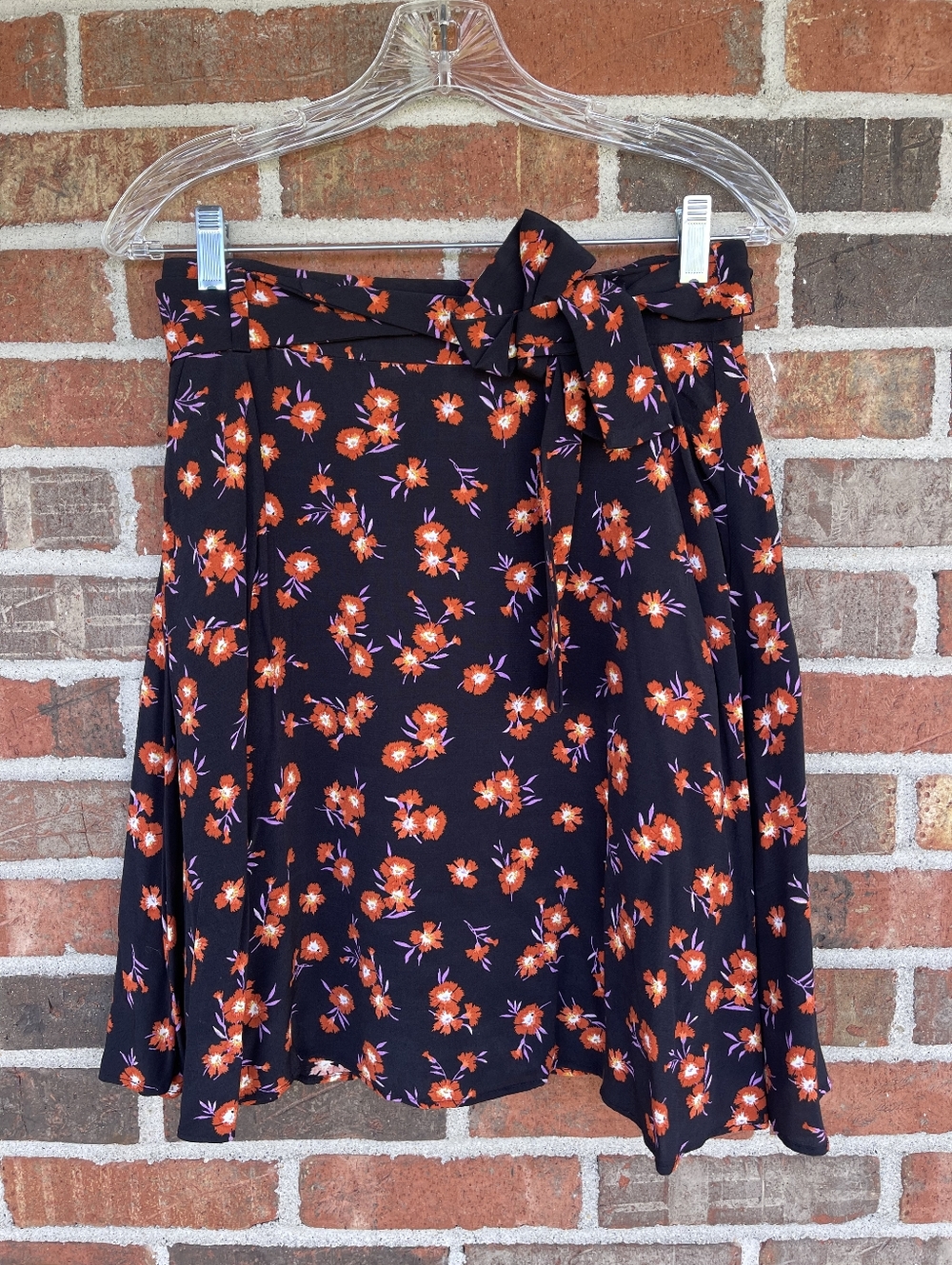 Ann Taylor NWT Floral A-Line Skirt in Black with Orange Print Tie Belt Petite 4